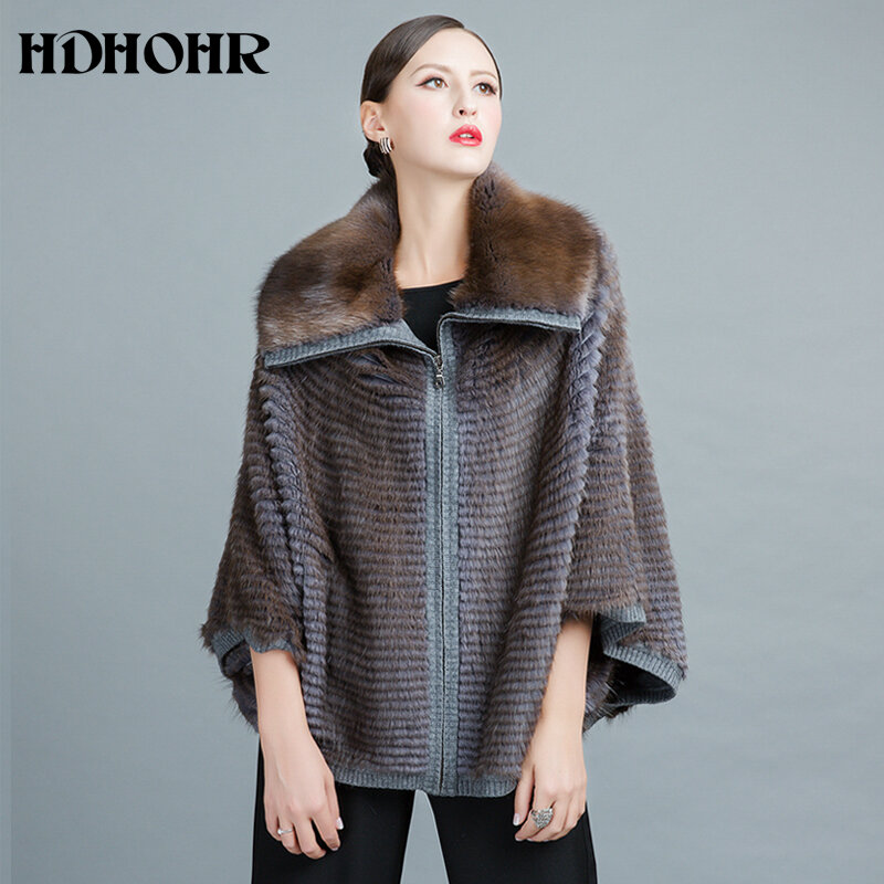 HDHOHR 2023 Mantel Bulu Cerpelai Rajut Wanita Lengan Kelelawar Mode Musim Dingin Kualitas Tinggi Mantel Bulu Cerpelai Asli Jaket Bulu Ukuran Besar