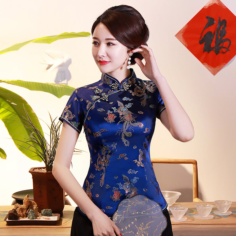 Oversize 3XL 4XL Women Satin Shirt Summer Vintage Chinese Style Blouse Dragon Female Wedding Clothing Traditional Classic Tops