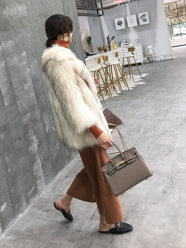 Abrigo de piel natural para mujer, Chaqueta de punto de piel de mapache, abrigo de sección medio largo, moda de otoño e invierno, 2019