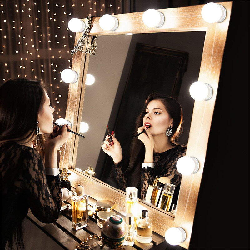 Espejo de maquillaje de 10 bombillas, luz de brillo ajustable, luces de espejo cosmético, estilo Hollywood, carga USB