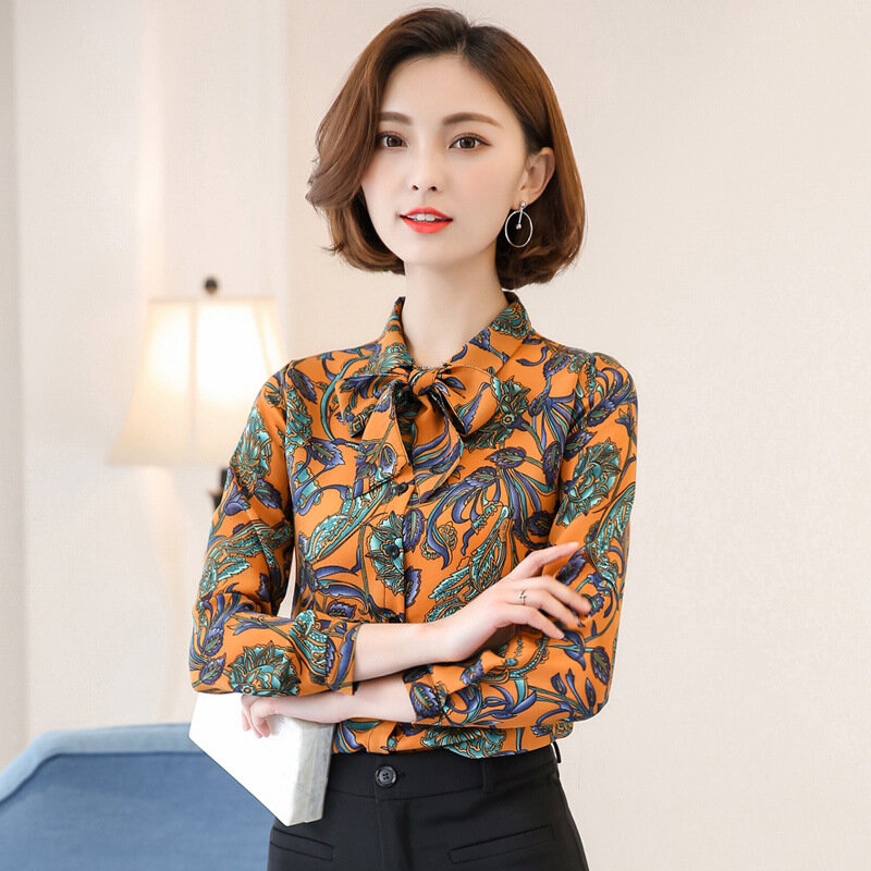Camisa feminina de manga comprida estampada, nova blusa feminina de chiffon com cinto laço, roupas de trabalho da moda para escritório h9026, primavera