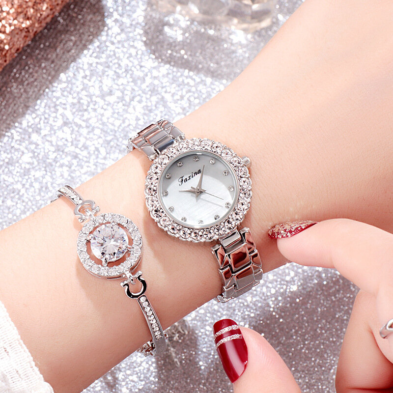 2 sztuk/zestaw bransoletka zestaw zegarków eleganckie proste Rhinestone kobiet panie zegarki Montre Femme Charm bransoletka Relogio Feminino zegar