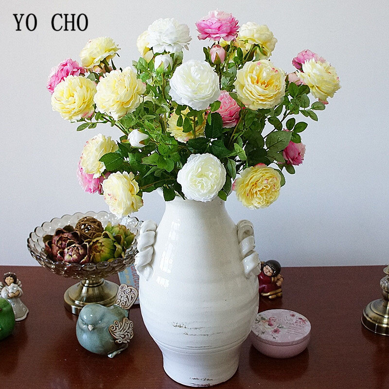 YO CHO Bridal Wedding Bouquet Artificial Silk Rose Peony Flowers 3 Heads Bouquet Home Party Prom Office Decor Flower Arrangement