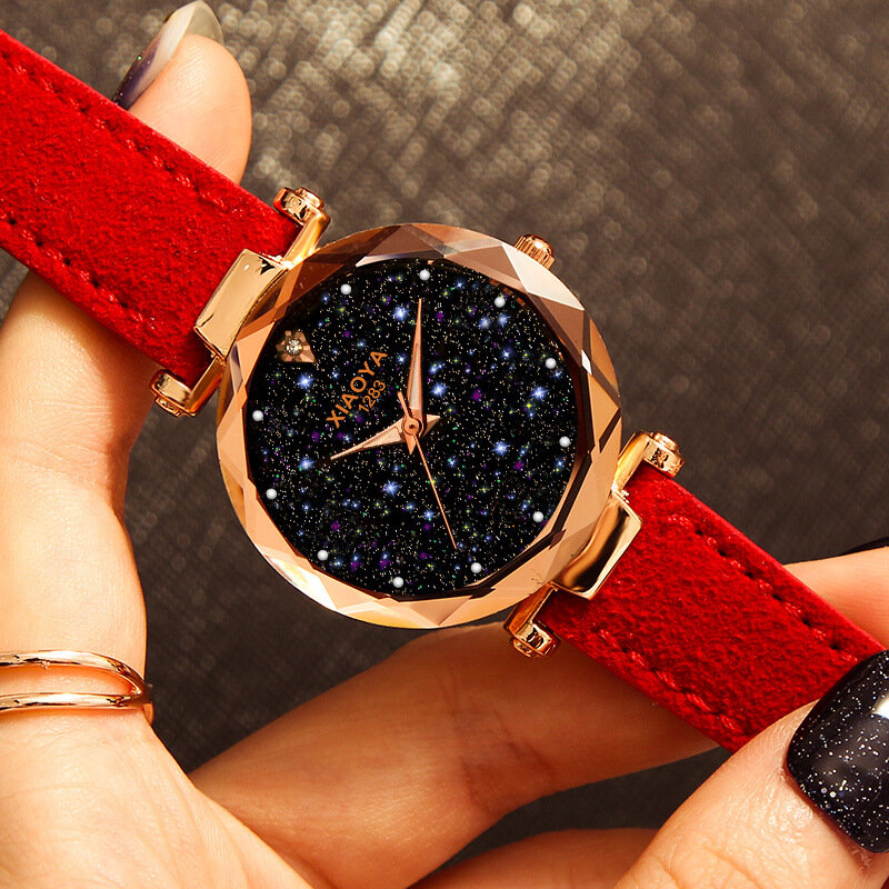 Relógio de pulso feminino de couro céu estrelado, relógio de marca de luxo, em ouro rosa, 2019