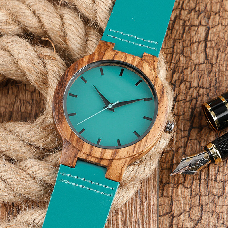 To My Mum-Engraved Wooden Watches Luxury Wristwatch Womens Watch Automatic Quartz Watches Turquoise Blue Timepieces in Gift Box