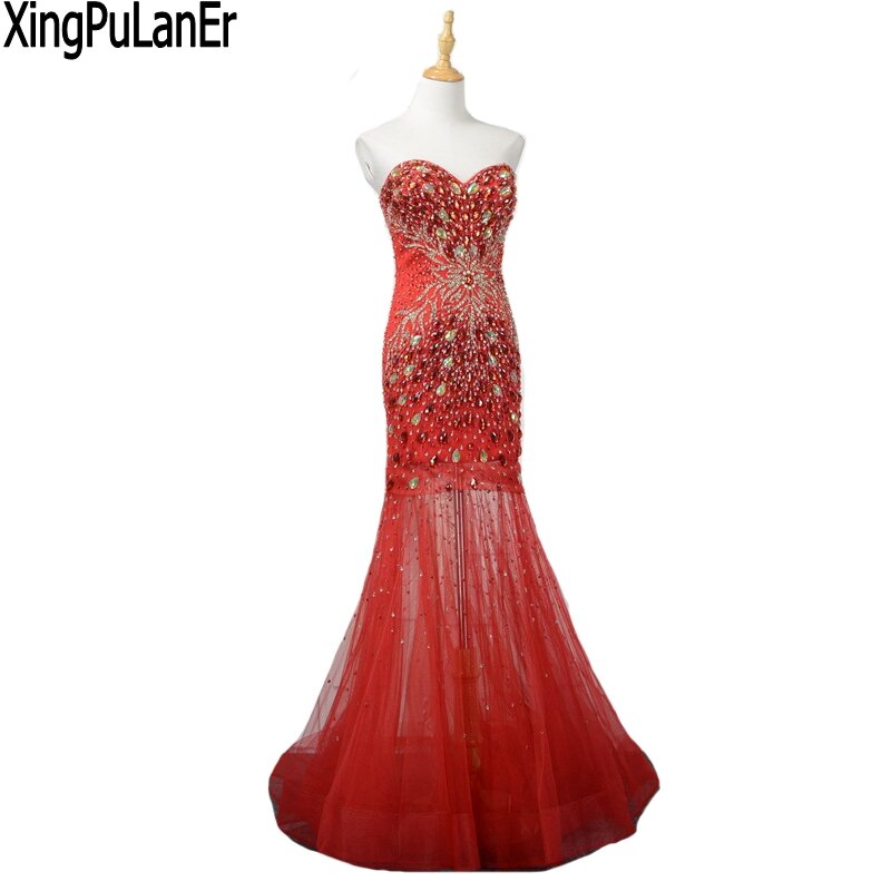 Xingpuaner – robe longue de bal sans manches, épaules dénudées, transparente, perles et cristaux, pour femmes