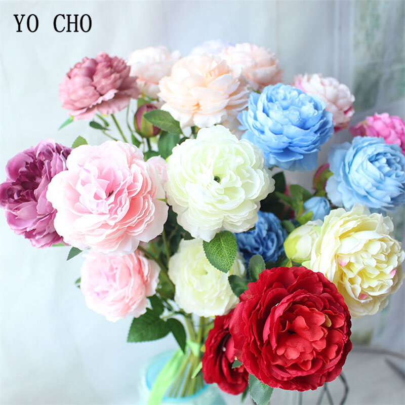 Yo cho-ブライダルブーケ,造花,バラ,牡丹,3つの頭,ホームパーティー,ウエディング,オフィスの装飾,フラワーアレンジメント