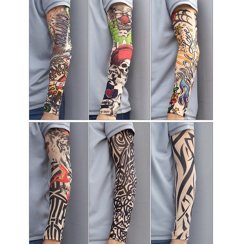 Tatuagem braço aquecedores conjunto para homens e mulheres, manga sem costura, equitação, condução, seda gelo, protetor solar, 1pc
