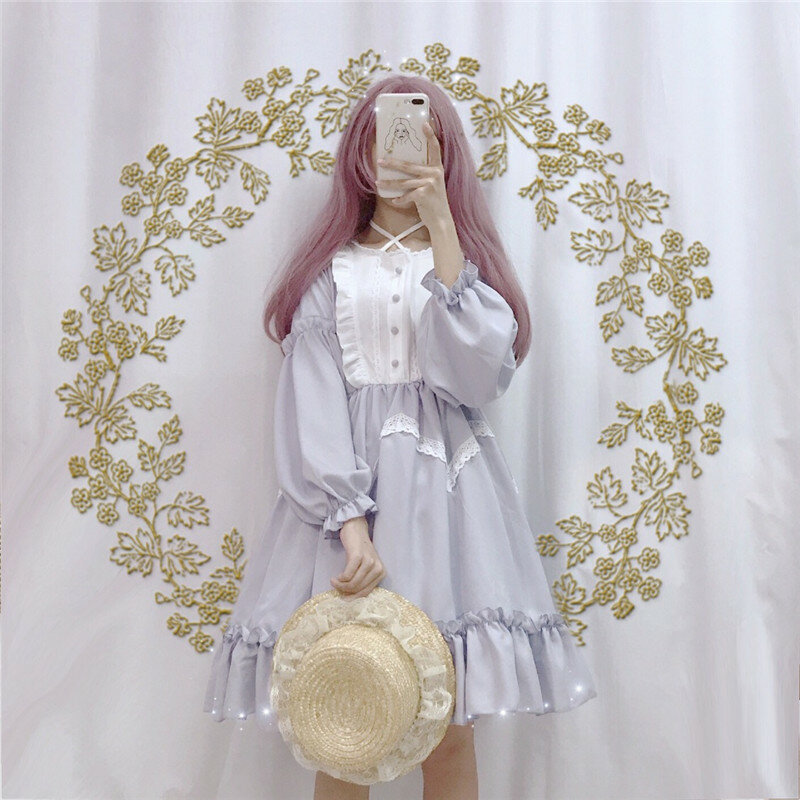 Gaun Lolita Jepang musim panas gaun Lolita gaun perempuan lembut Gir lWind lucu jamur renda gaun lengan pendek lucu setelan Cosplay