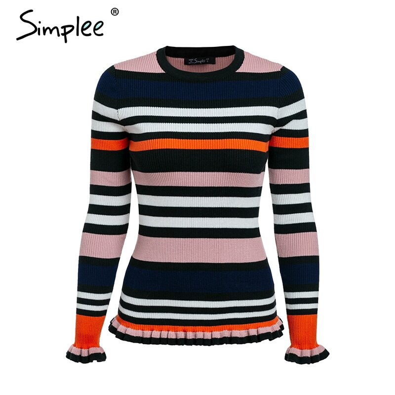 Simplee Ruffles stripe Otoño Invierno suéter O ncek manga larga casual pulóveres Rosa slim suéteres de punto de moda 2018 mujeres