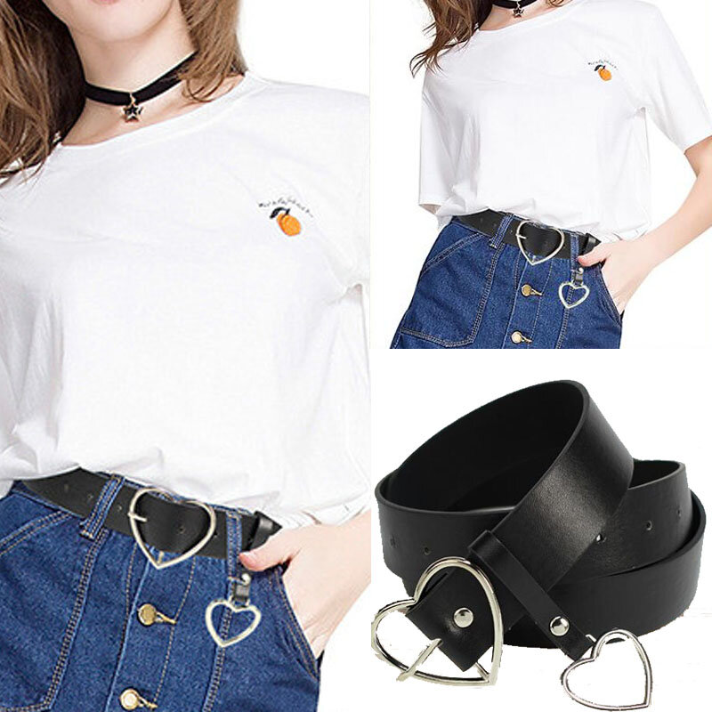 Harajuku PU Leather Belts for Women Metal Buckle Heart Belt Waistband Wedding Party Dress Jeans Decor For Ladies Belt