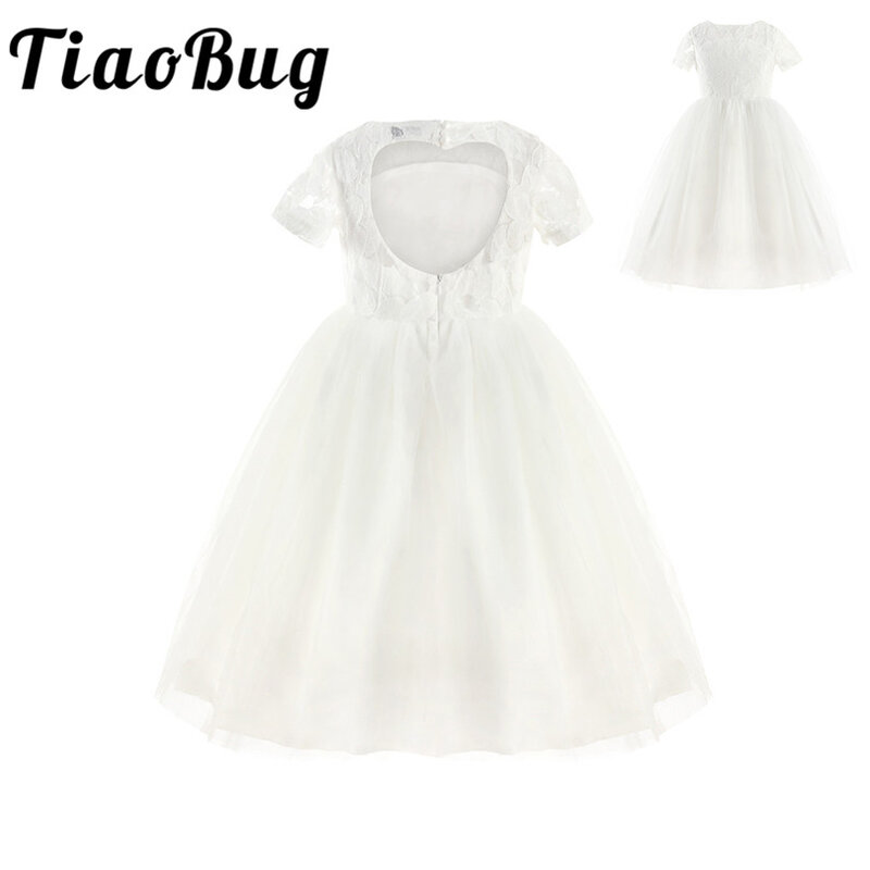 TiaoBug زهرة بيضاء فتاة فستان الأميرة مهرجان الزفاف عيد ميلاد حزب اللباس الأولى بالتواصل الكرة ثوب الدانتيل زهرة فتاة اللباس