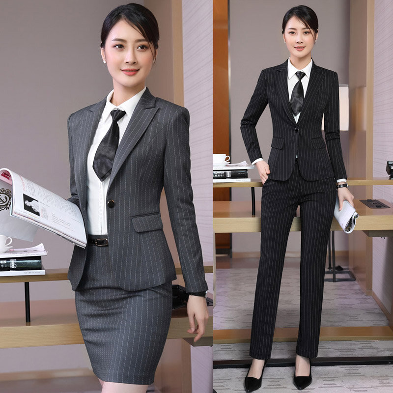Terno profissional de manga longa listrado, novo traje feminino slim para escritório profissional de entrevista