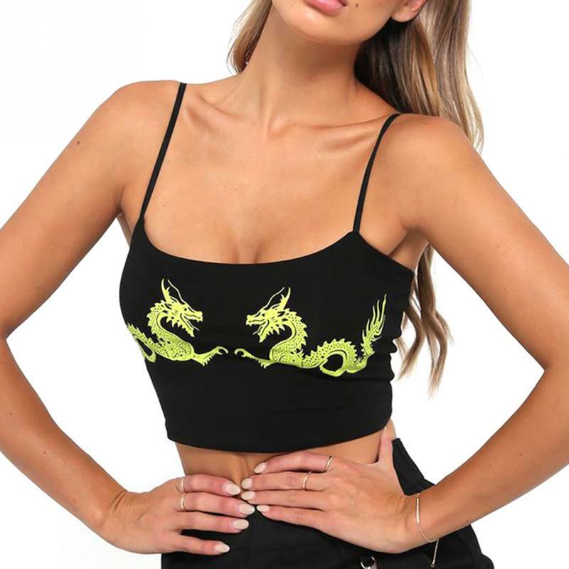 2019 Summer Sexy Crop Tops For Women Straps Sleeveless Pattern Dragon Fitness Tight Tank Tops Cropped Feminino New
