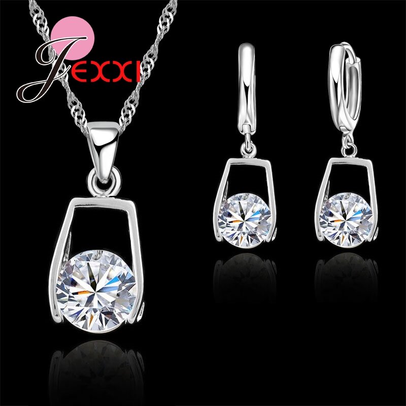 Top Quality Classic 925 Sterling Silver  Cubic Zirconia Water Drop Earrings +Necklace Romantic Wedding Jewelry Sets