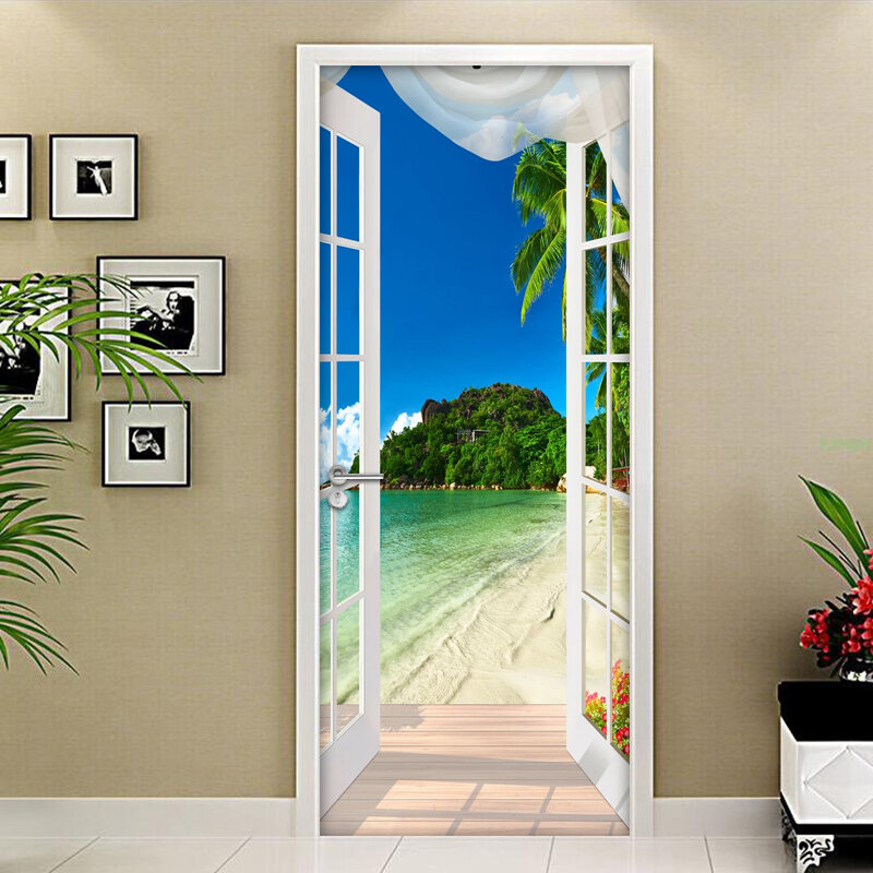 3D ステッカー窓ビーチ海辺写真壁画壁紙 PVC 自己粘着ドアステッカーリビングルームの寝室の壁論文の家の装飾