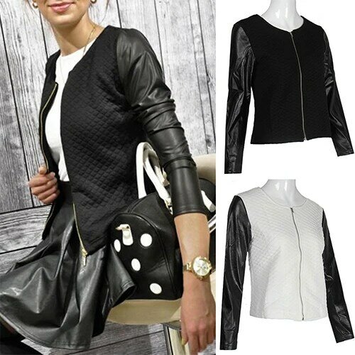 New Arrival Women's Fashion Casual Faux Leather Splicing Zipper Long Sleeve Jacket Coat