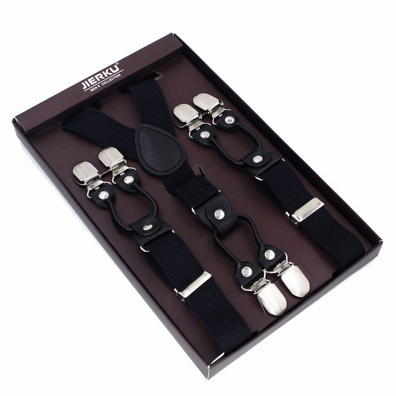 Suspensórios de couro preto para adulto, calças vintage, suspensórios de 6 clipes, presente de pai e marido, novo, 2,5x120cm