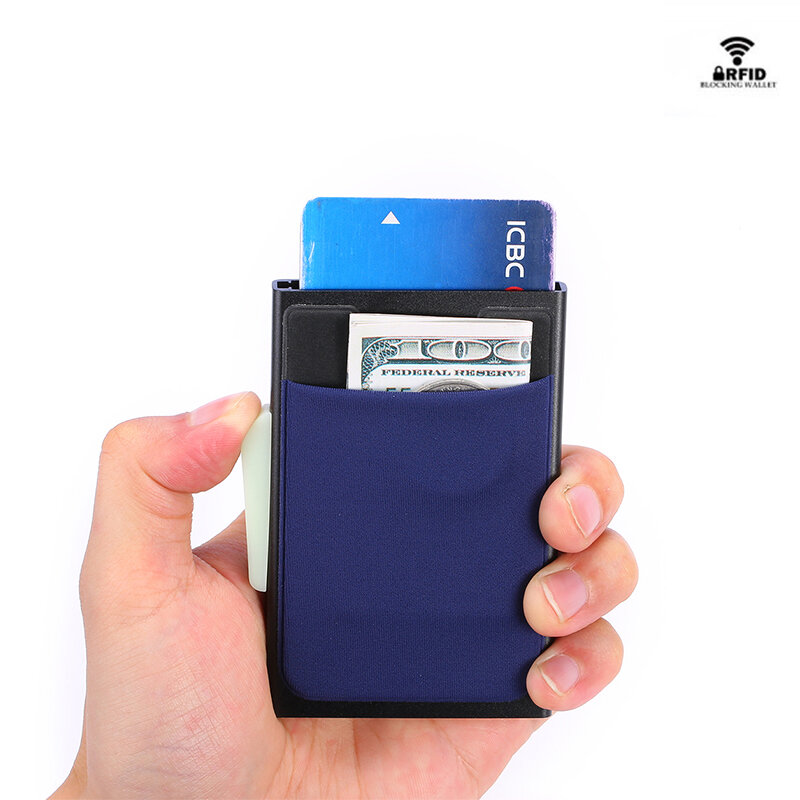 Zovyvol alumínio carteira com elasticidade voltar bolso id titular do cartão rfid bloqueio mini magro carteira pop up automático cartão de crédito