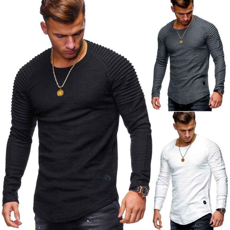 2018 New Fashion Men's Round Neck Slim Solid Color Long-sleeved T-shirt Striped Fold Raglan Sleeve Style T shirt Tops Tees T109