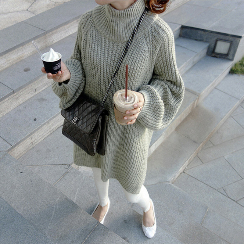 Осенне-зимний плотный длинный свитер для женщин с рукавами-фонариками и Боковым Разрезом свитеры с воротником «хомут» пуловеры большого размера женский свитер