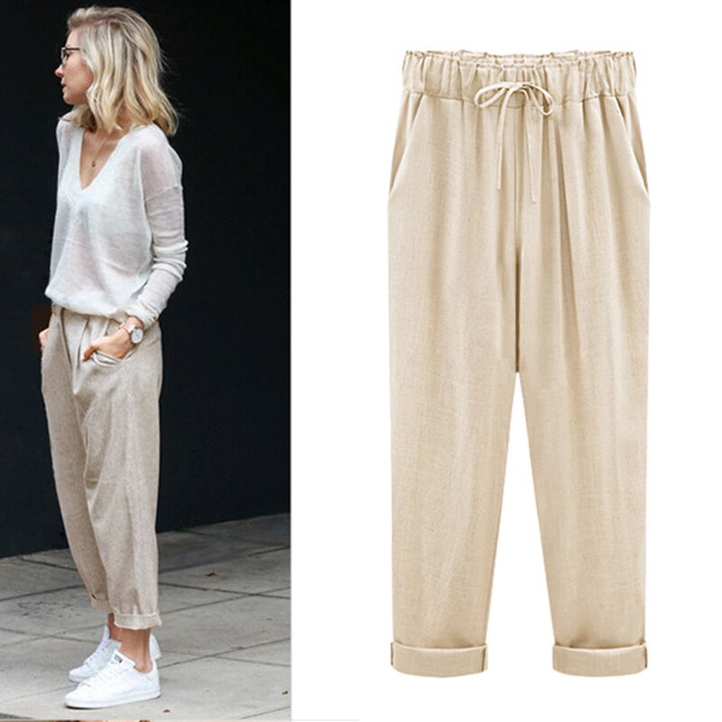 Più il Formato Pantaloni stile harem Delle Donne di lino casual di Autunno della Molla A Vita Alta Alla Caviglia-Lunghezza Comode Pantaloni Femminile