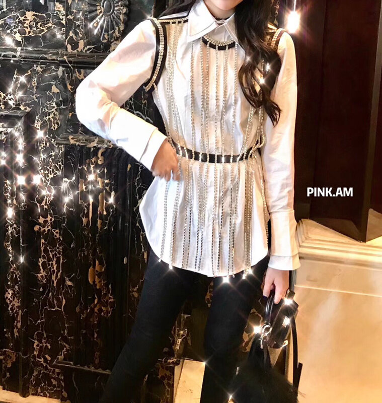Cakucool New Bling Diamonds Chain Vest and white long Sleeve blouse Shirt Chic Hollow Out Blusas Tops Korean Female Blouses