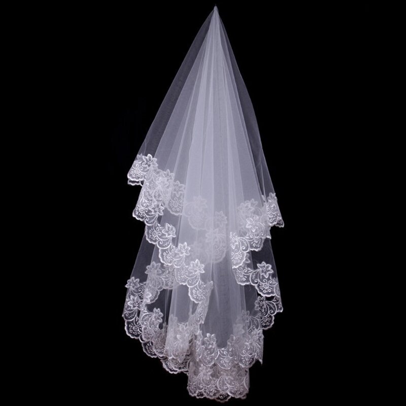 Kerudung Pernikahan Pendek Pengantin Wanita 150Cm Applique Tepi Bunga Renda Satu Lapis Putih