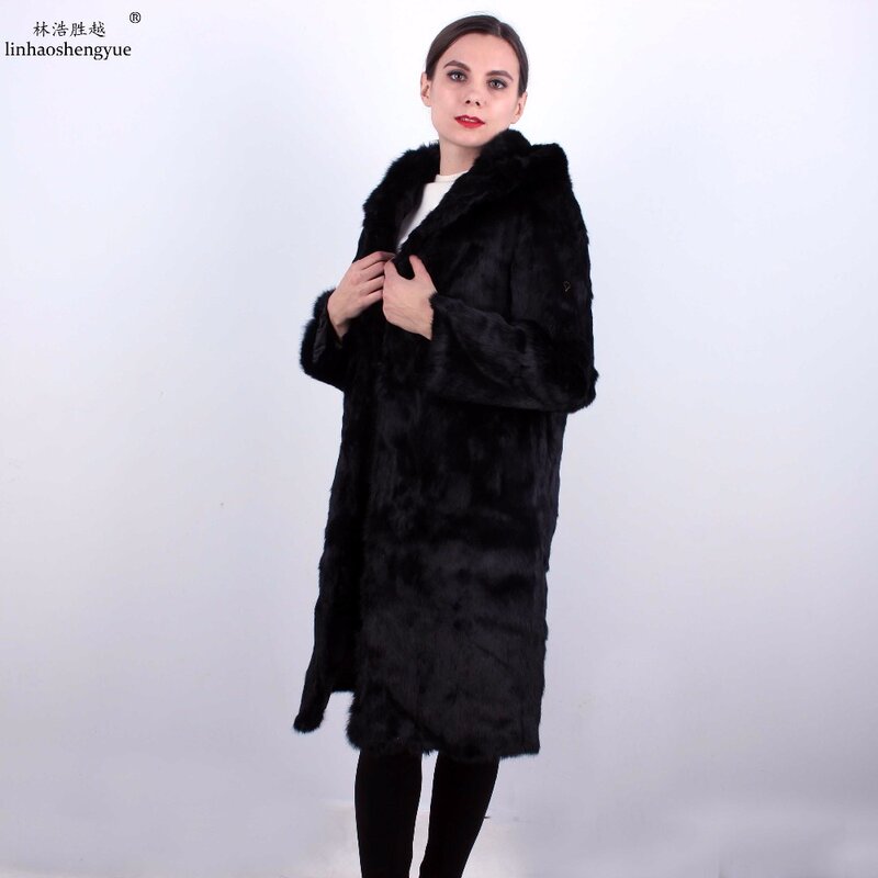 Linhaoshengyue primavera mulher real pele de coelho casaco longo moda feminina casaco
