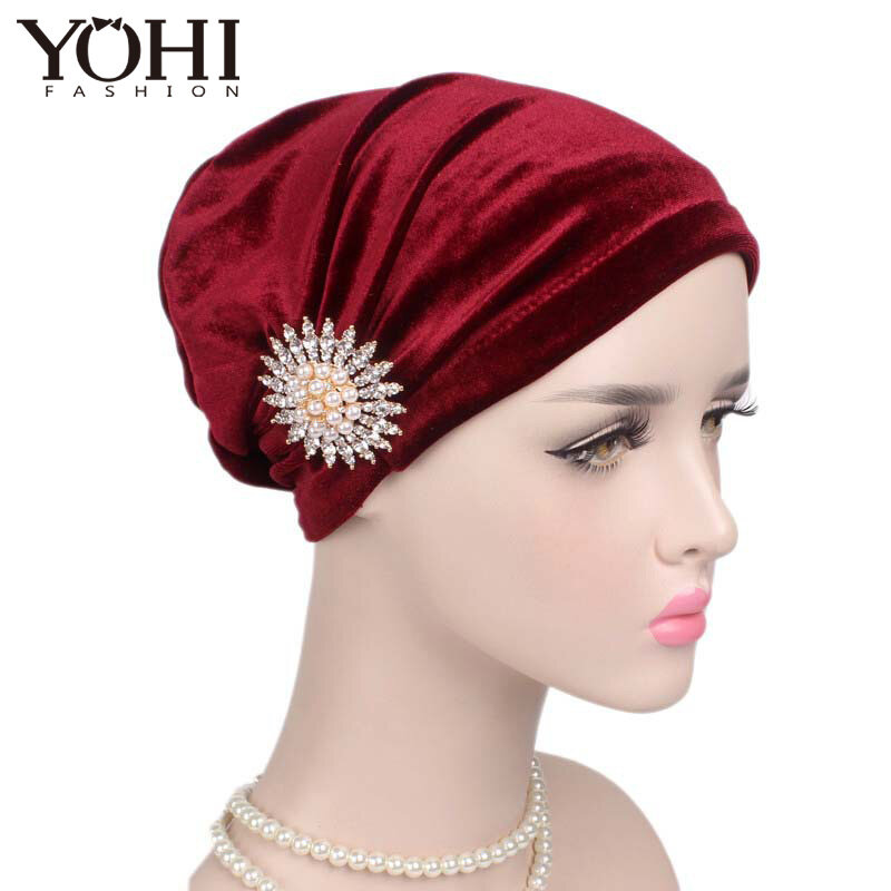 2018 New elegant women velvet Turban Head Wrap Extra Long Turban Headwrap Tie with pearl pearled brooch for women