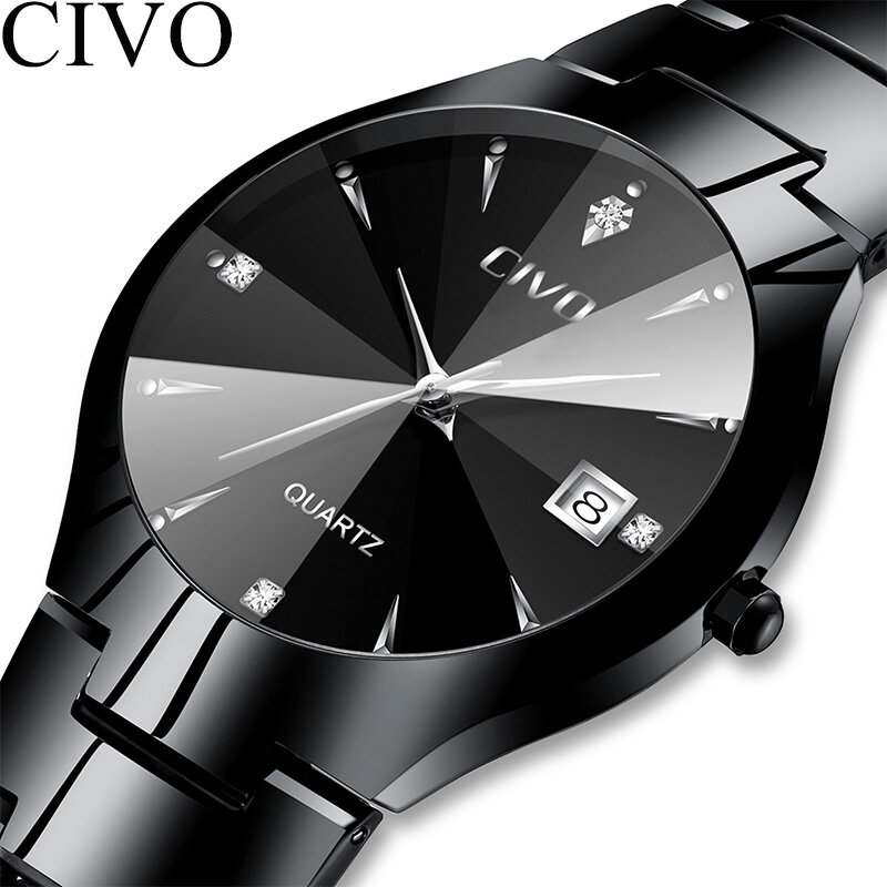 CIVO Luxury Couple Watches Black Silver Full Steel Waterproof Date Quartz Watch Men For Man Women Clock Gift For Lover Wife