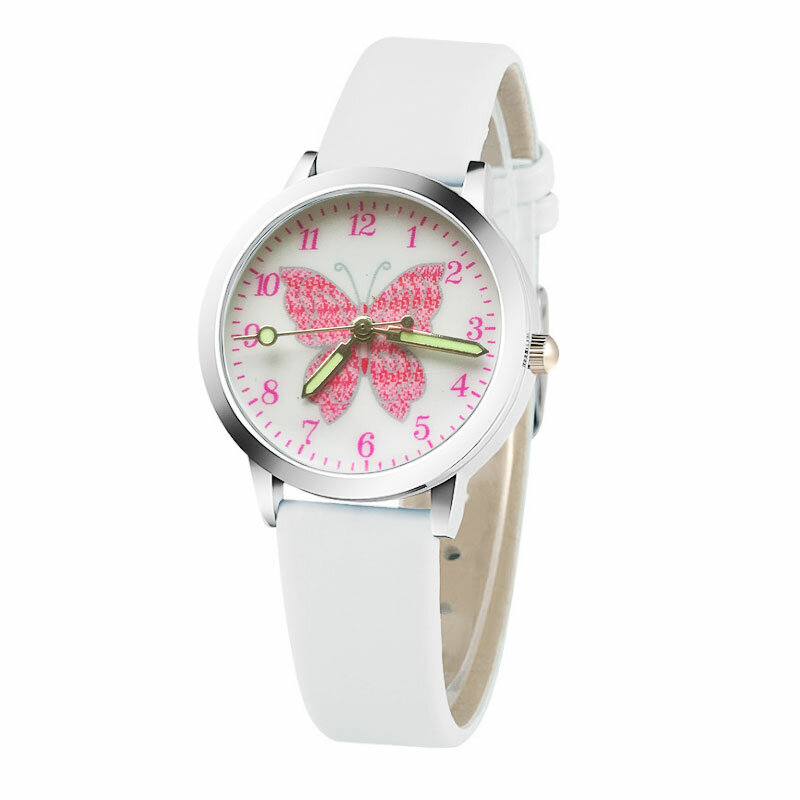 Relógio de desenho animado borboleta rosa para crianças, presente de aniversário da menina, azul, esporte menino, relógio de quartzo, relógio de couro, bonito