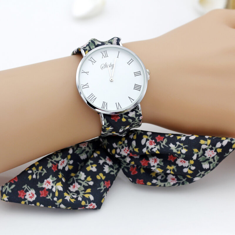 Shsby reloj de pulsera de tela de flores para mujer, reloj de vestir de plata romana, reloj de tela de alta calidad, reloj de pulsera para niñas dulces
