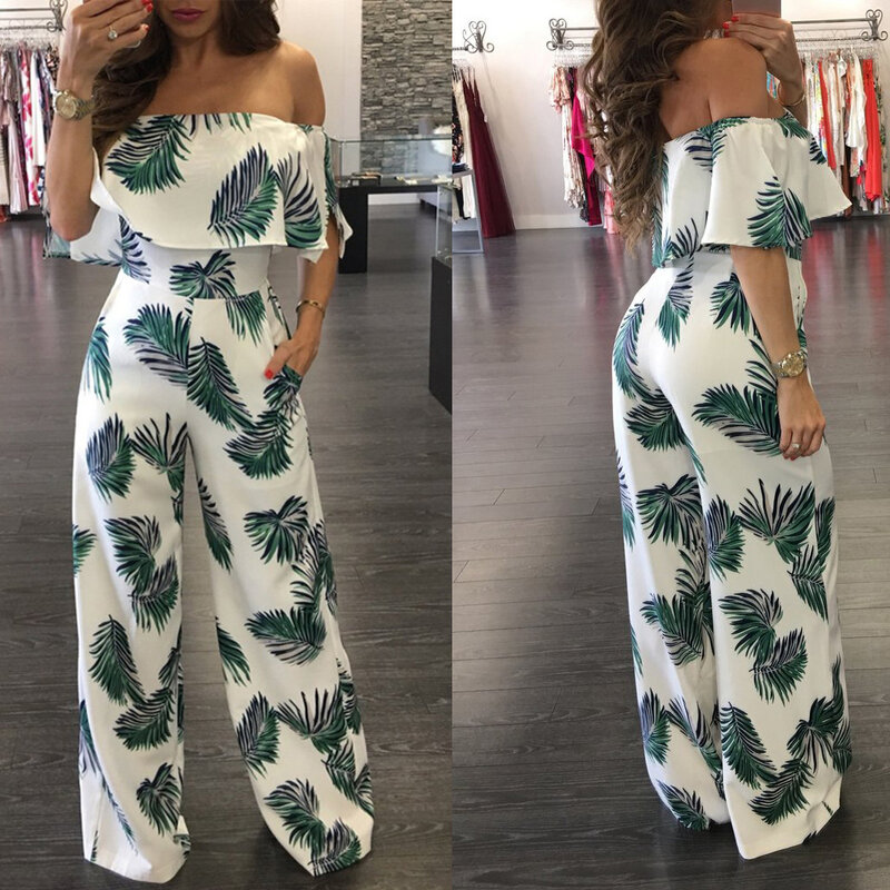 Hot Sell 2019 New Sexy Off Shoulder Floral Print Spandex Jumpsuit Boho Style Party Beach Jumpsuit Holiday Romper Overalls