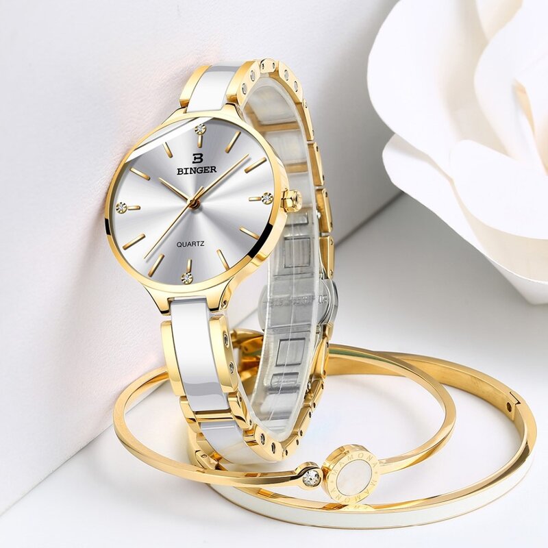 Zegarek Damski Zwitserland Binger Fashion Vrouwen Horloge Luxe Merk Armbanden Keramische Horloge Band Sapphire Waterdicht Montre Femme