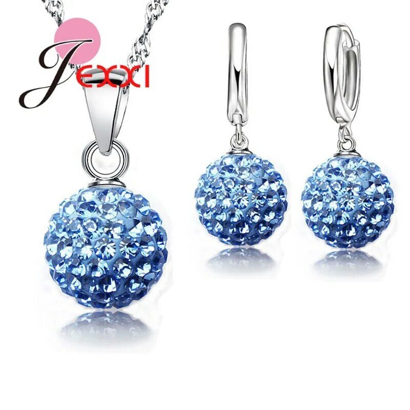 Conjunto de joyería de plata esterlina 925 para mujer, colgante de cristal austriaco con bola de discoteca, con palanca trasera, collar
