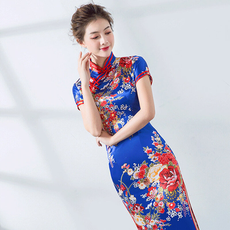 Vestido de cetim sedoso feminino, vestido elegante qipao manga curta estilo chinês tradicional para festa noturna