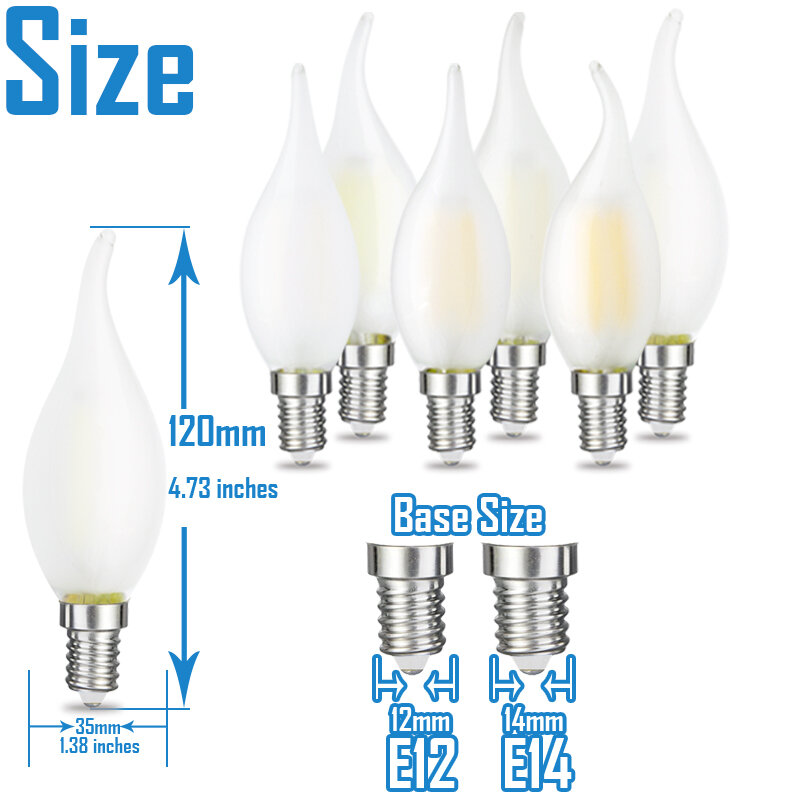 LED 반투명 램프 2W- 8W Led 촛불 E12 E14 110V 220V 샹들리에 조명에 대한 빈티지 레트로 디밍 필라멘트 전구, 2 팩