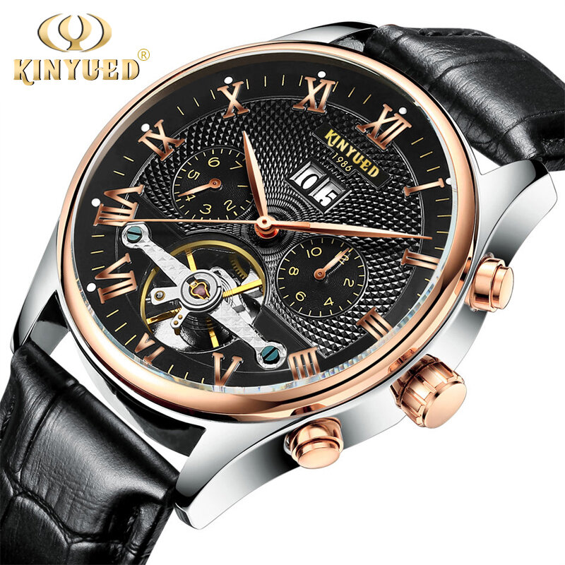 Kinyued Real Mechanical Watch Men Automatic Winding Tourbillon Hand Watches Skeleton Male Leather Strap Waterproof Wristwatch