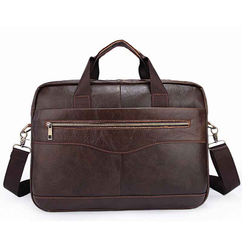 Bolsa de ombro genuíno masculina, pasta casual de couro genuíno para laptop e viagem, bolsa para laptop marrom e café