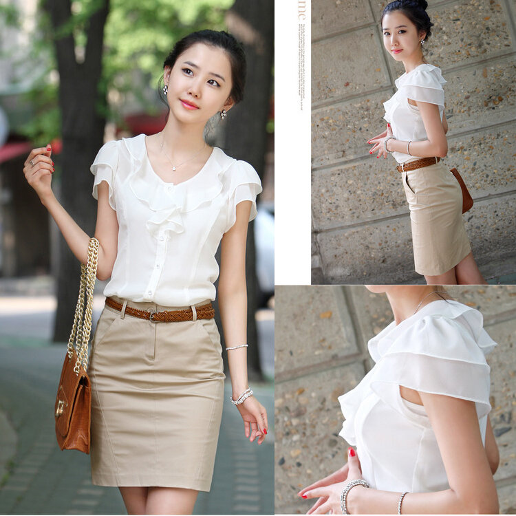 Blusa feminina chiffon de manga curta, camisa fashion de verão adorável para trabalho e escritório plus size xxl