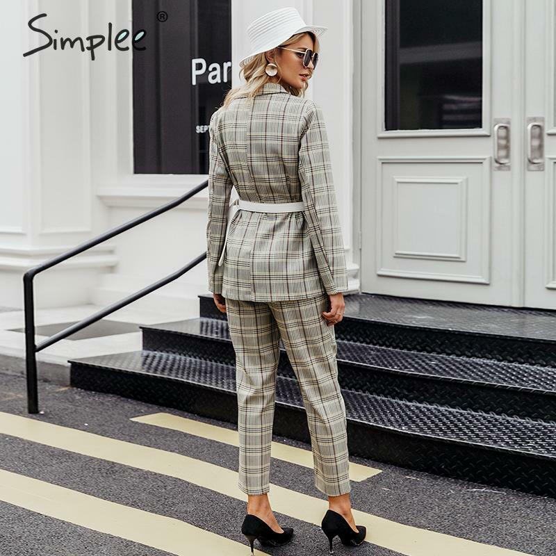 Simplee Plaid double breasted women blazer suit set Long sleeve office ladies pant suits female Casual streetwear trouser suit