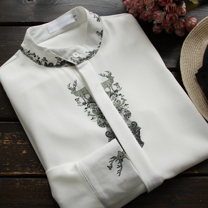 YSMILE Y na co dzień druku szyfonowa koszula kobiety stoją Deer biała bluzka kobiet szczupła z długim rękawem Top wiosna jesień kobiety odzież YK8357