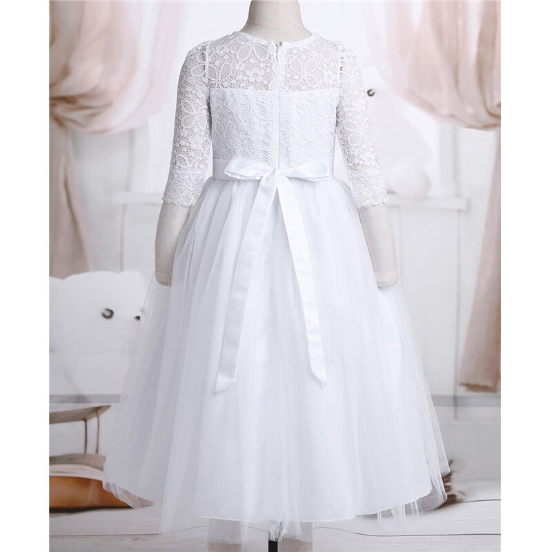 Vestido de princesa branco com laço e meia manga de malha, vestidos de festa para casamento, aniversário, comprimento chá