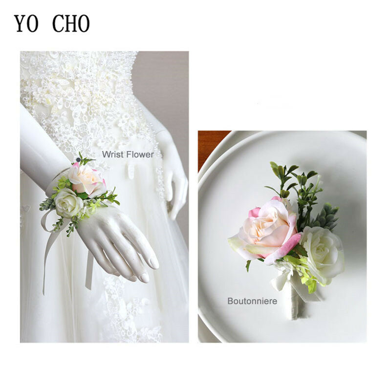 YO CHO ramillete de boda blanco y traje de flores de muñeca, rosa de seda, ramillete de matrimonio, broche de invitados de novio, accesorios de boda