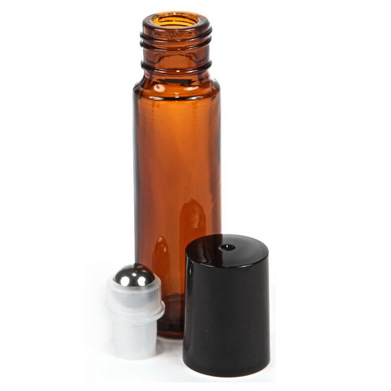 Botella vacía de Perfume de vidrio rellenable ámbar, botella enrollable con bola de rodillo de acero inoxidable para aceite esencial de aromaterapia, 10ml, 12 unidades