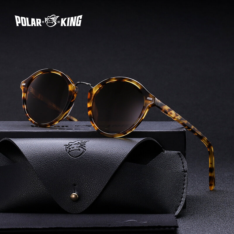POLARKING Brand Vintage Round Polarized Men Sunglasses For Traveling Unisex Acetate Rivet Sun Glasses Driving Eyewear Oculos