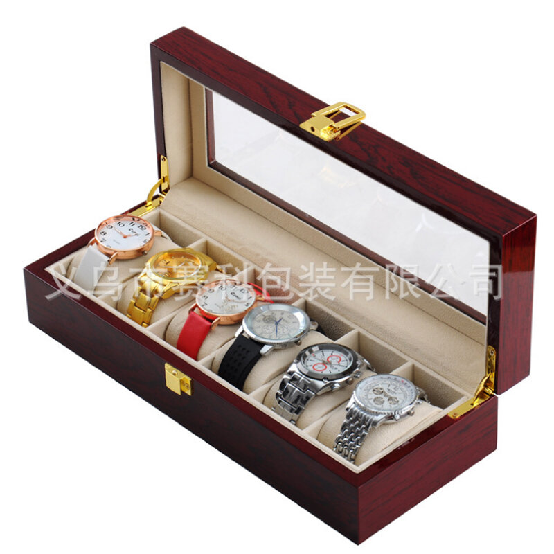 Caixa de madeira alta qualidade 6 slots relógio relógios elegante luxo jóias exibição armazenamento organizado caixa para relogio
