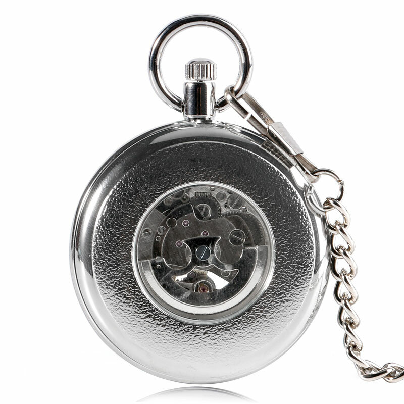 SHUHANG New Mechanic Watch 2017 Men Automatic Self Winding Pocket Watch Silver Simple Open Face Chain Pendant with Roman Number