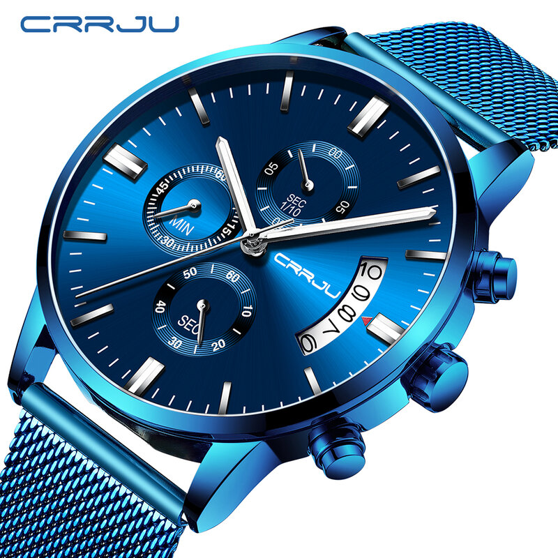 NEW CRRJU Mens Watches Top Luxury Brand Waterproof Sport Wrist Watch Chronograph Quartz Military Mesh Steel relojes hombre 2273